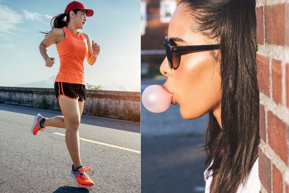 Woman runner next to a woman chewing gum