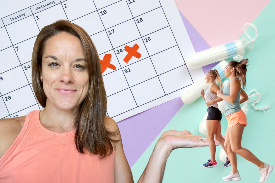 women running in front of period products and a calendar